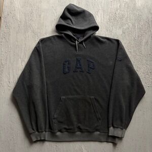 Vintage GAP Fleece Hoodie XXL Grey 90s Spellout Pullover Sweatshirt